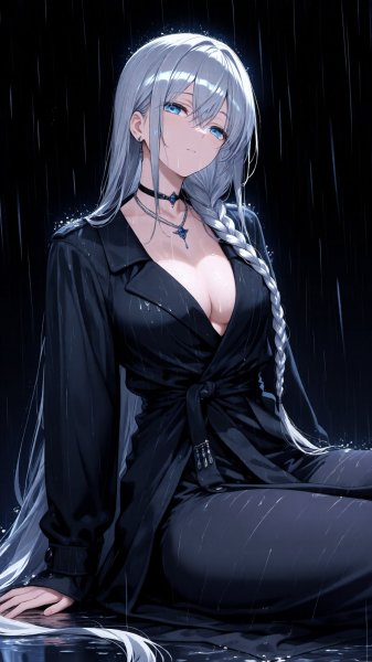 Аниме-портрет: элегантность в черном плаще под дождем и серебром. Картинка из нейронной сети Qwen Ai Images