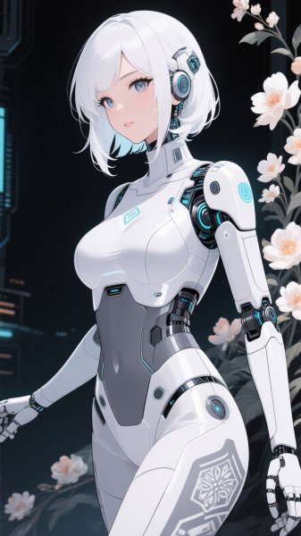 Киберпанк-андроид с цветами: элегантность в футуристическом стиле. Картинка из нейронной сети Qwen