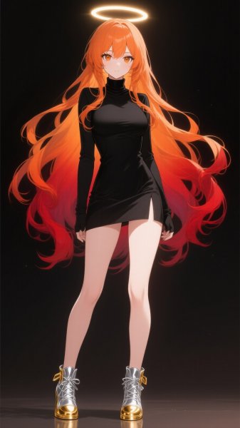 Яркий образ аниме-персонажа с огненной шевелюрой и сияющим ореолом. Картинка из нейросети Qwen images Ai