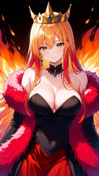 Огненная королева в аниме стиле: яркий портрет с золотой короной. Картинка из нейронной сети Qwen