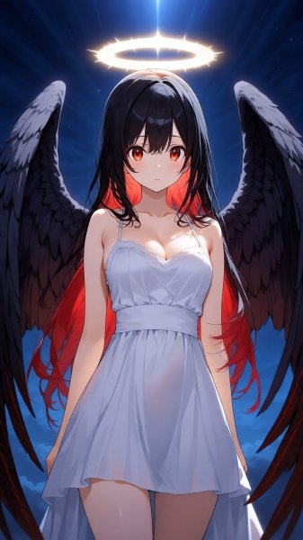 Небесная ангел в белом платье с темными крыльями и светящимся нимбом. Генерация из нейронной сети Qwen