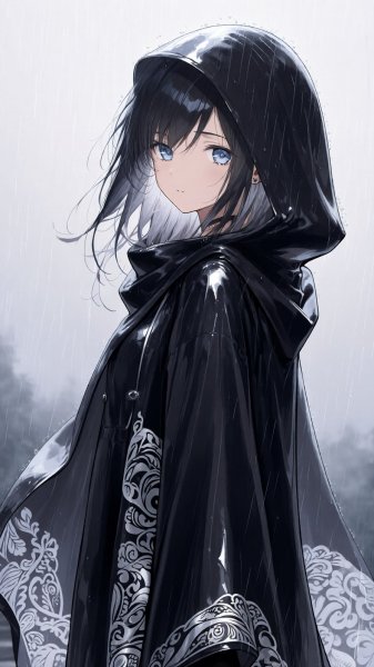 Девушка под дождем: элегантность и серебряные оттенки в стиле аниме. Нейронная сеть Qwen Image