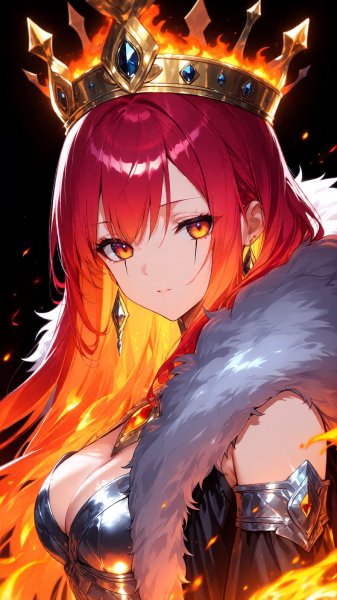 Огненная королева в золотом венце и аниме стиле. Нейросеть Qwen