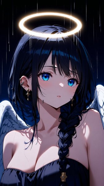 Ангельская красавица с черными волосами и сияющим нимбом. Нейросеть Qwen images Ai