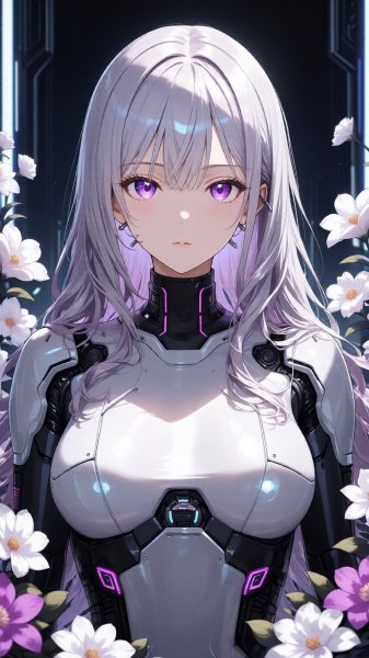 Киберпанк андроид в цветах: иллюстрация с аниме-лорой и фиолетовыми глазами. Изображение из нейросети Qwen images Ai