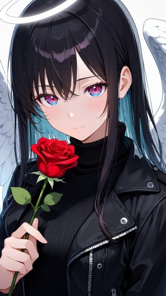 Нежный ангел с алым цветком в небесной дымке и стильными деталями. Картинка из нейросети Qwen Ai Images