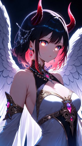 Неожиданный ангел-демон: гармония света и тьмы в аниме иллюстрации. Нейронная сеть Qwen