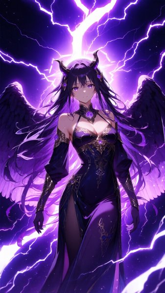 Небесный ангел с демонической сущностью и фиолетовыми молниями в фоне. Картинка из нейросети QWEN