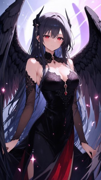 Ангельское падение в красном и черном платье с татуировками. Картинка из нейронной сети QWEN