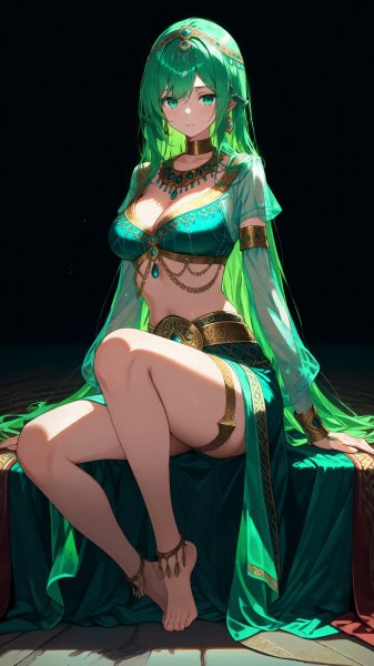 Волшебница с зелеными волосами в арабском стиле и таинственной атмосферой. Нейронная сеть QWEN
