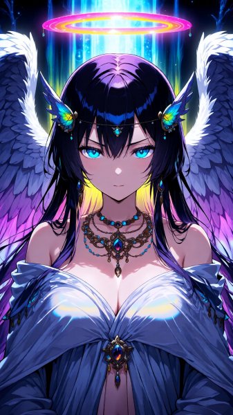 Ангельское сияние и грозный взгляд: иллюстрация в стиле аниме с Lora. Изображение из нейросети Qwen