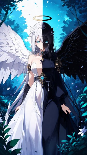 Загадочный ангел: баланс света и тьмы в природе и аниме-иллюстрации. Генерация из нейросети Qwen Ai Images