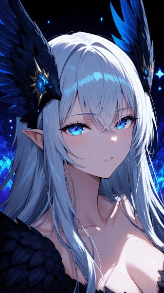 Загадочная фигура с крыльями в стиле аниме и мистическим фоном. Картинка из нейросети Qwen images Ai