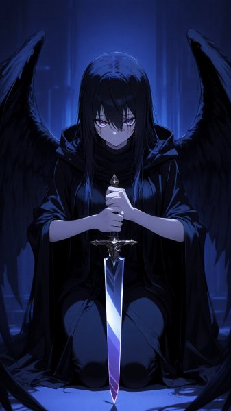 Темная ангелина с клинком в тени. Изображение из нейросети QWEN
