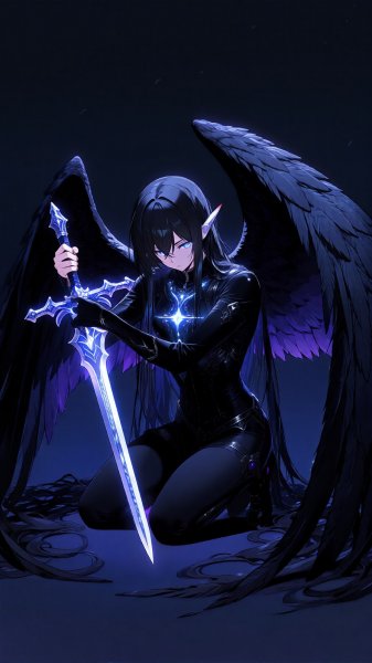 Падший ангел с мечом в сияющей тьме. Генерация из нейронной сети Qwen Ai Images