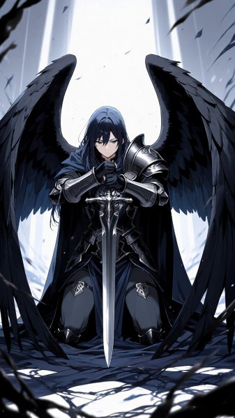 Ангел-воин в темноте: иллюстрация с эффектом lora и черными крыльями. Картинка из нейронной сети Qwen Image