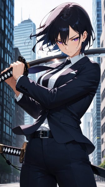 Стильная модель с катаной в деловом костюме и пронзительным взглядом. Изображение из нейронной сети Qwen Image