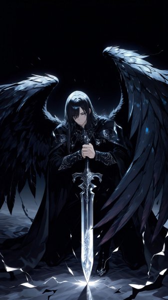 Падший ангел в драматической сцене с мечом и черными перьями. Нейронная сеть Qwen images Ai