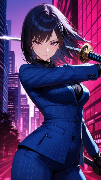 Яркая модель с катаной в стильном костюме: городская иллюстрация в стиле аниме. Генерация из нейронной сети QWEN