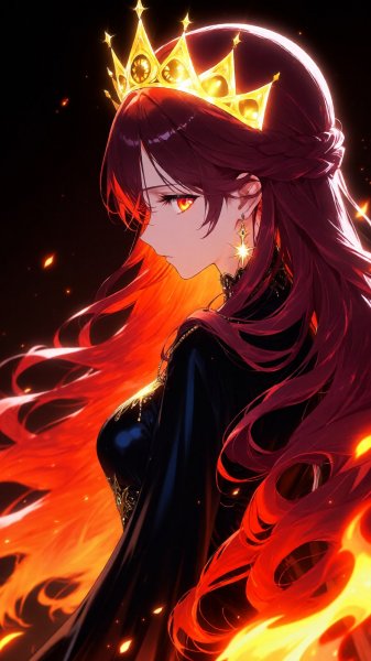 Огненная королева: Аниме иллюстрация с завораживающим взглядом и золотой короной. Картинка из нейронной сети Qwen images Ai