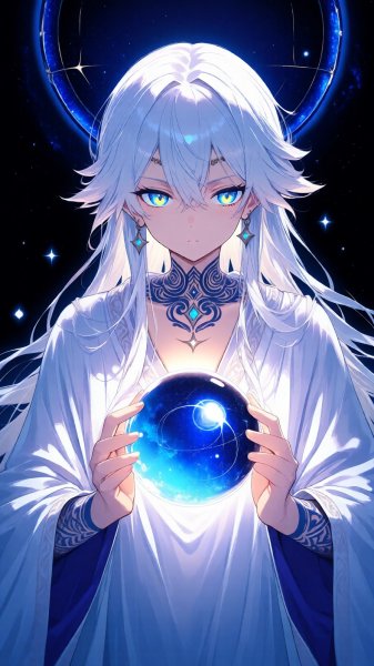 Небесное создание с сияющим шаром и таинственными татуировками в цифровом стиле. Генерация из нейронной сети Qwen Images