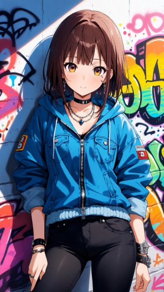 Девушка в джинсовке и ярком граффити: стильная иллюстрация с Lora. Картинка из нейронной сети Qwen Images