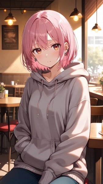 Девушка в кафе с розовыми волосами и пронзительным взглядом. Изображение из нейронной сети QWEN