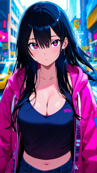 Яркая девушка в городском стиле с пронзительным взглядом и длинными черными волосами – иллюстрация для аниме. Картинка из нейросети Qwen