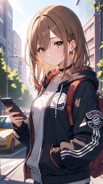 Девушка с пронзительным взглядом в стиле аниме и уличной модой. Нейронная сеть Qwen images Ai