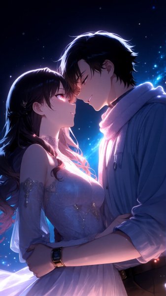 Сияющие взгляды и романтика: мечта в аниме-иллюстрации с LoRA. Изображение из нейросети QWEN