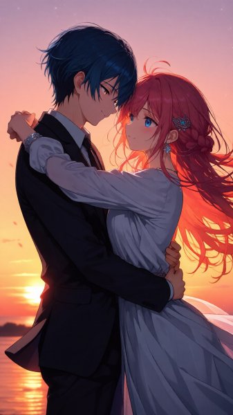 Страстная встреча на закате: яркие цвета и эмоциональная глубина. Картинка из нейросети QWEN