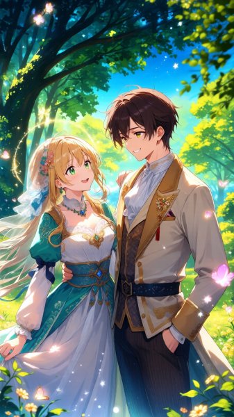 Сияющая пара в волшебном мире природы. Картинка из нейронной сети Qwen