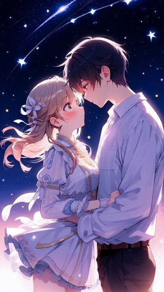 Влюблённые под звёздным небом: романтическая иллюстрация в стиле аниме. Генерация из нейронной сети Qwen images Ai