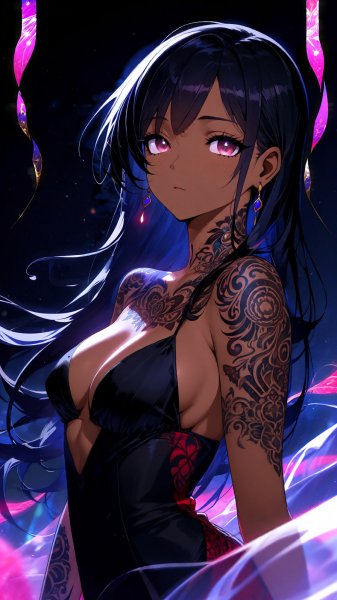 Таинственная девушка в аниме стиле с яркими глазами и татуировками. Изображение из нейросети QWEN