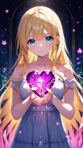 Разбитое сердце и длинные светлые волосы. Картинка из нейросети Qwen Ai Images