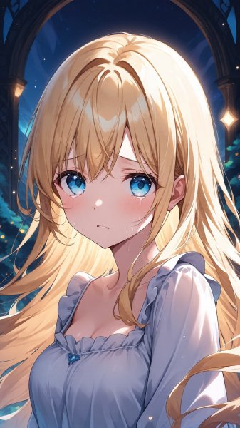 Грустная девушка с золотыми волосами в стиле аниме. Нейросеть Qwen Ai Images