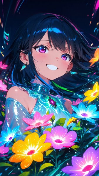 Танцующая фея в саду светящихся цветов. Генерация из нейросети Qwen Images