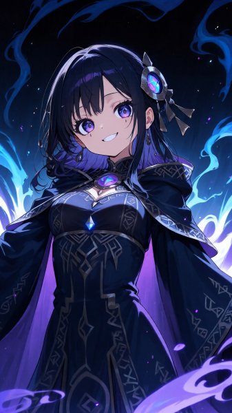 Загадочная колдунья с пронзительным взглядом и духами ночи. Изображение из нейронной сети Qwen Ai Images