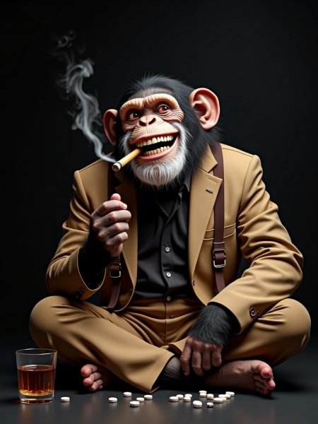 Шимпанзе в костюме: расслабленный портрет с сигарой и виски. Нейросеть Flux 1