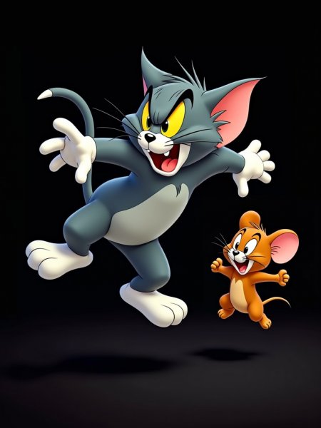 Захватывающая погоня Тома и Джерри в динамичной сцене. Изображение из нейронной сети Flux Ai