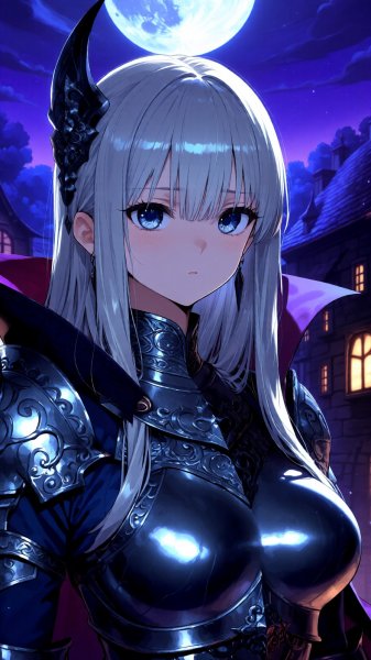 Серебряные волосы и бдительный взгляд: валькирия над спящей деревней. Картинка из нейросети Qwen Ai Images