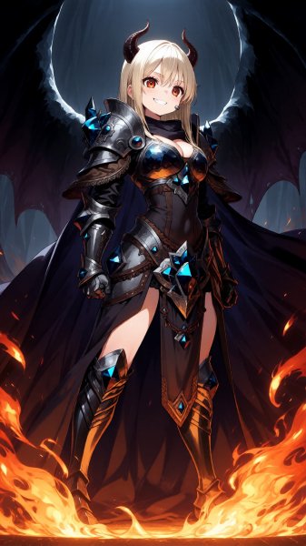 Демоническая владычица в темной броне и огненном окружении. Картинка из нейронной сети QWEN