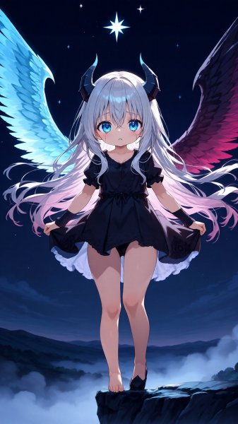 Падший ангел: раздумья на краю бездны в лучах заката. Картинка из нейросети Qwen