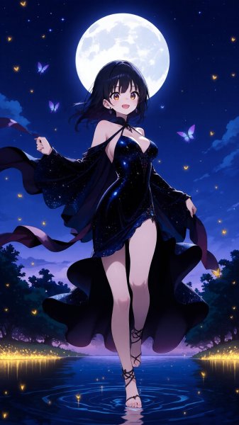 Таинственная василиса: танец на закате лунного озера с искрящейся вуалью. Генерация из нейросети Qwen Images