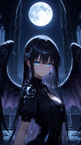 Падший ангел в руинах собора под лунным светом. Картинка из нейросети Qwen Images