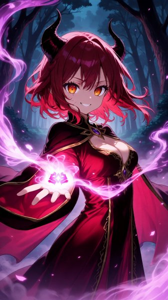 Загадочная чародейка в алом: магия и колдовство лесного мира. Генерация из нейронной сети Qwen