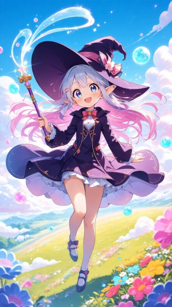 Волшебница с сияющей палочкой и радостным выражением лица. Картинка из нейросети Qwen