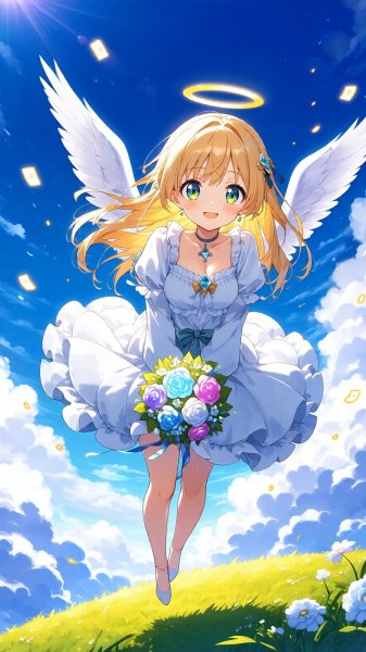 Ангел с цветами: Небесное благословение для земной долины. Изображение из нейронной сети Qwen Ai Images