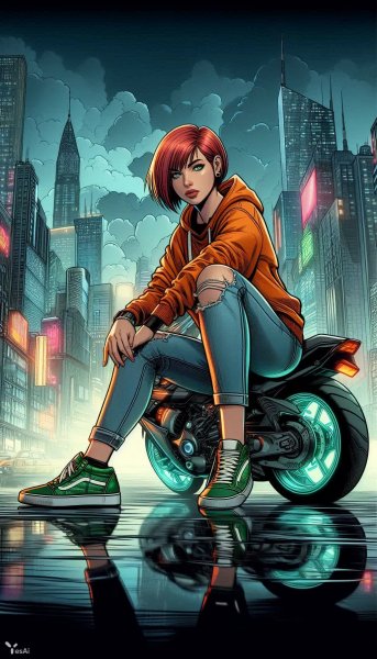 Девушка на футуристическом байке в стиле киберпанк. Картинка из нейронной сети Dalle 3
