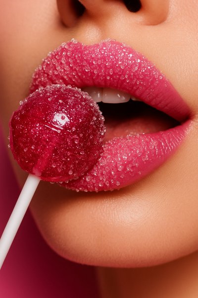 Сладкая улыбка с леденцом: игривое настроение и блеск сахарных кристаллов. Картинка из нейронной сети Sora Ai Images